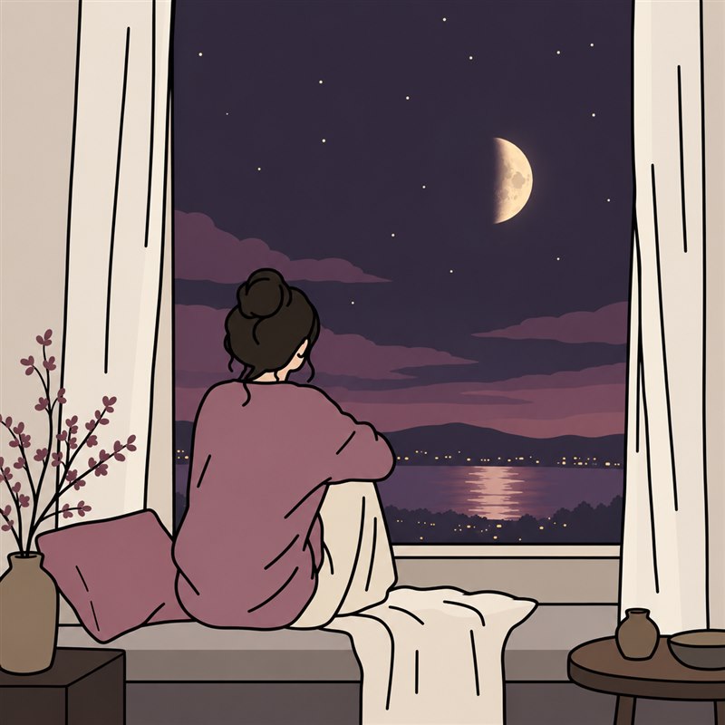 밤 창가에서 달을 바라보며 마음을 정리하는 사람 일러스트 — 이별연습 토크 프로그램