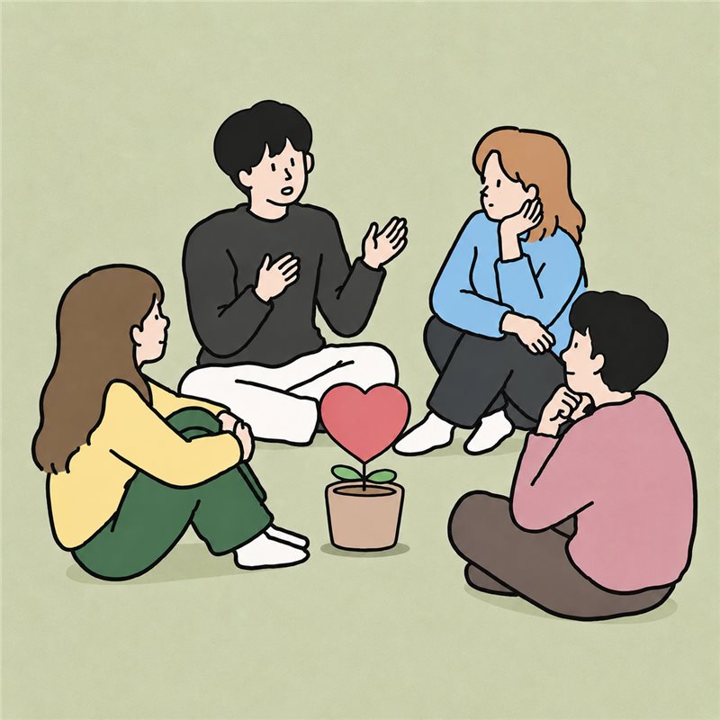 하트 화분을 가운데 두고 둘러앉아 고민을 나누는 네 사람 일러스트 — 자존감 살롱 고민상담소