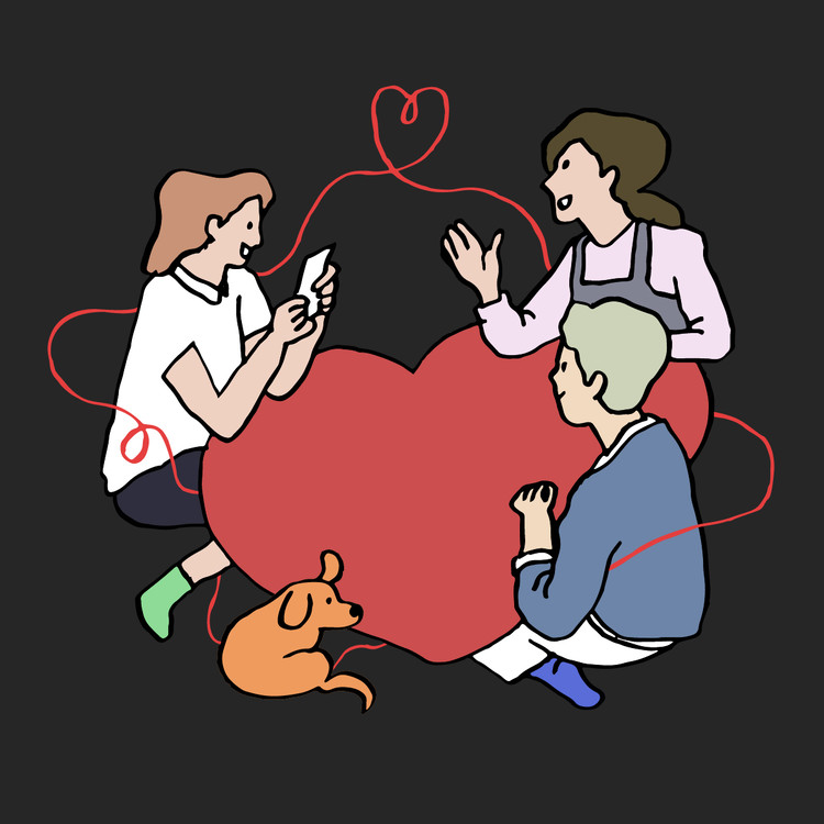 커다란 하트를 사이에 두고 웃으며 대화하는 세 사람과 강아지 일러스트 — 대인관계를 위한 리액션 게임